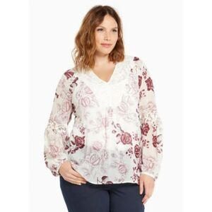 Torrid Floral Purple Rose Print Chiffon Lace Inset Womens Plus Top Blouse 1 (1X)